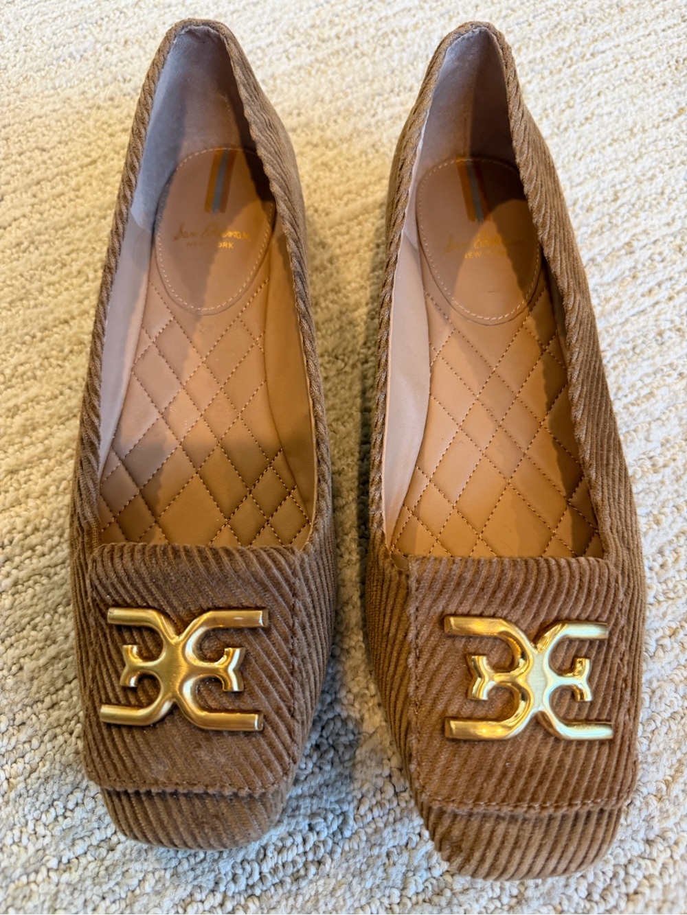 Sam Edelman Brown Corduroy Loafers with Gold Logo Accent